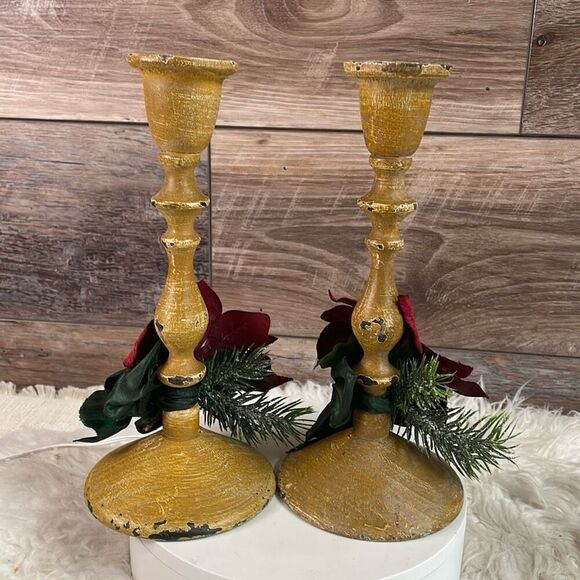 Vintage Rustic Wood Distressed Farmhouse Wooden Country Candlesticks Set - Picture 2 of 7